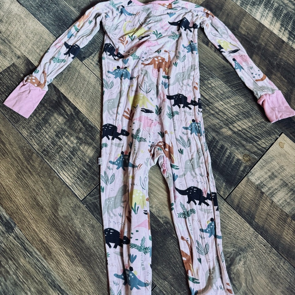 Little Sleepies Pink Floral and Green Dino Zip One-Piece Pajama - Picture 2 of 9